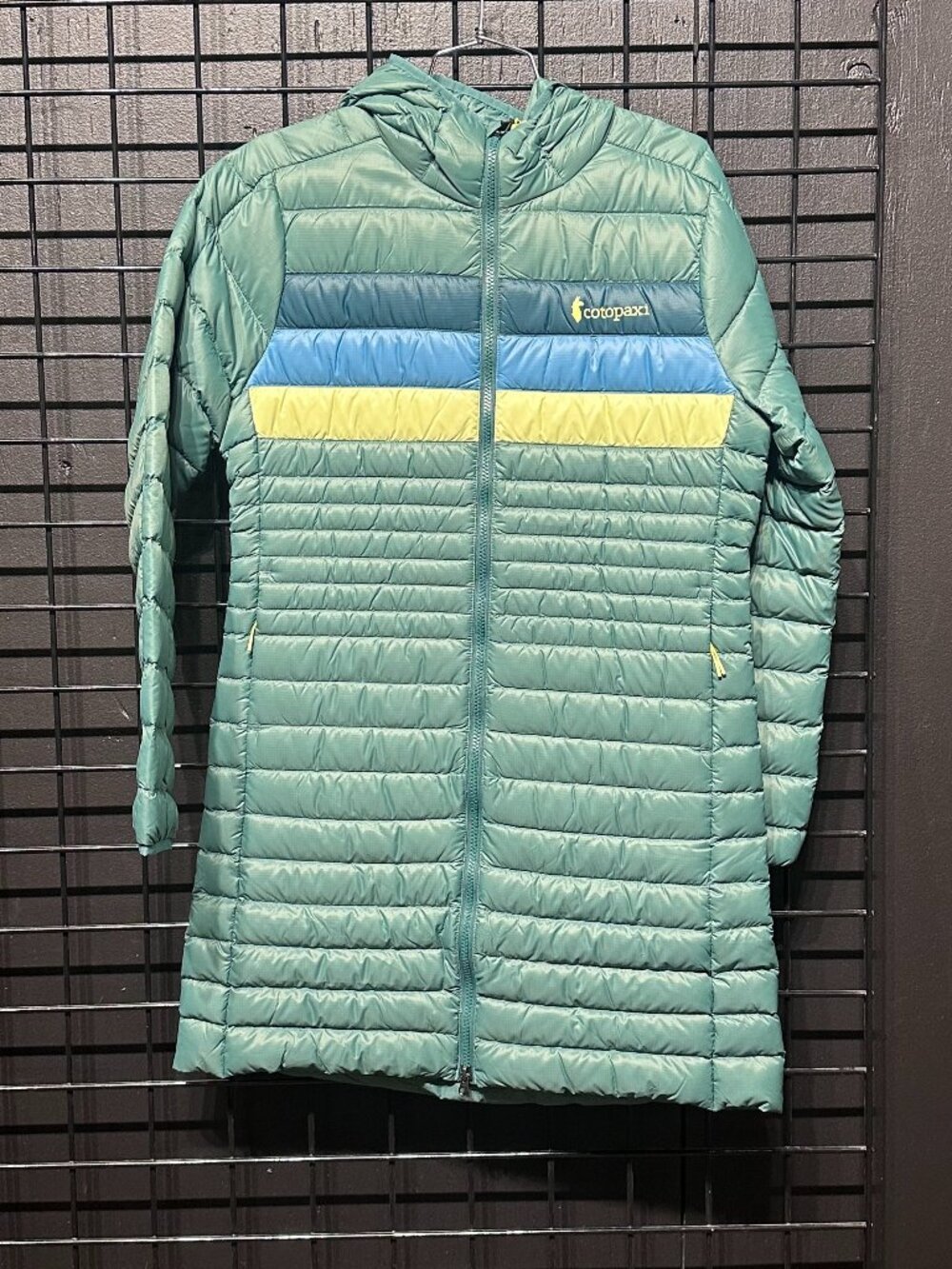 Cotopaxi Fuego Hooded Parka — Green with Blue & Yellow Stripes